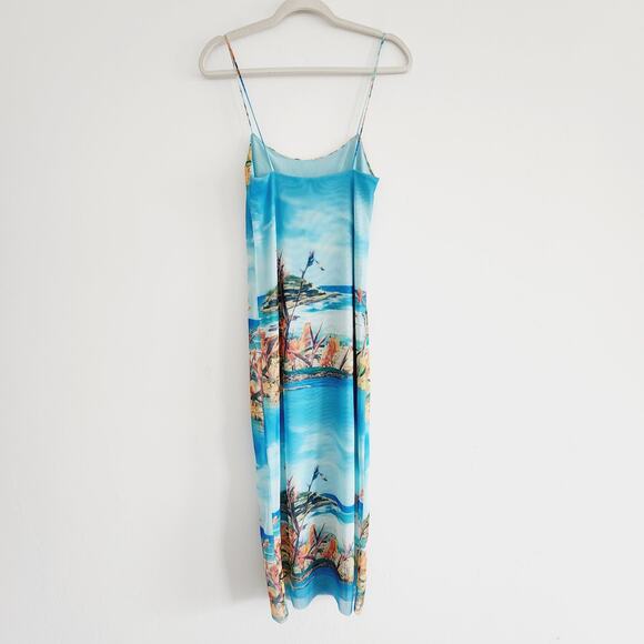 Zara Tropical Island Print Tulle Maxi / Midi Dress Spaghetti Strap Size Small - Picture 10 of 15
